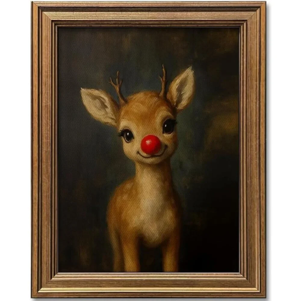 Vintage Christmas Wall Art Decor Gold Framed Clown Reindeer Picture Painting